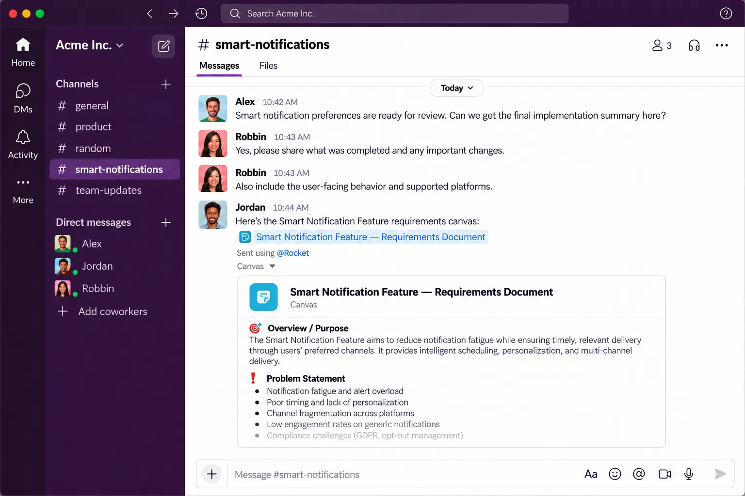 Rocket digests and documents delivered in Slack