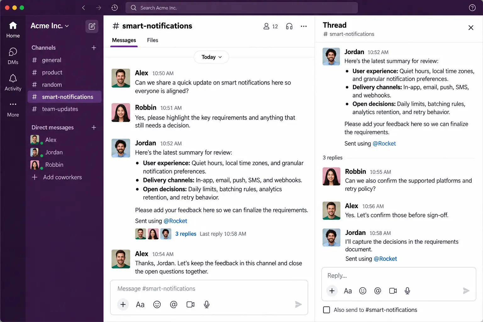Rocket notifications and replies inside Slack