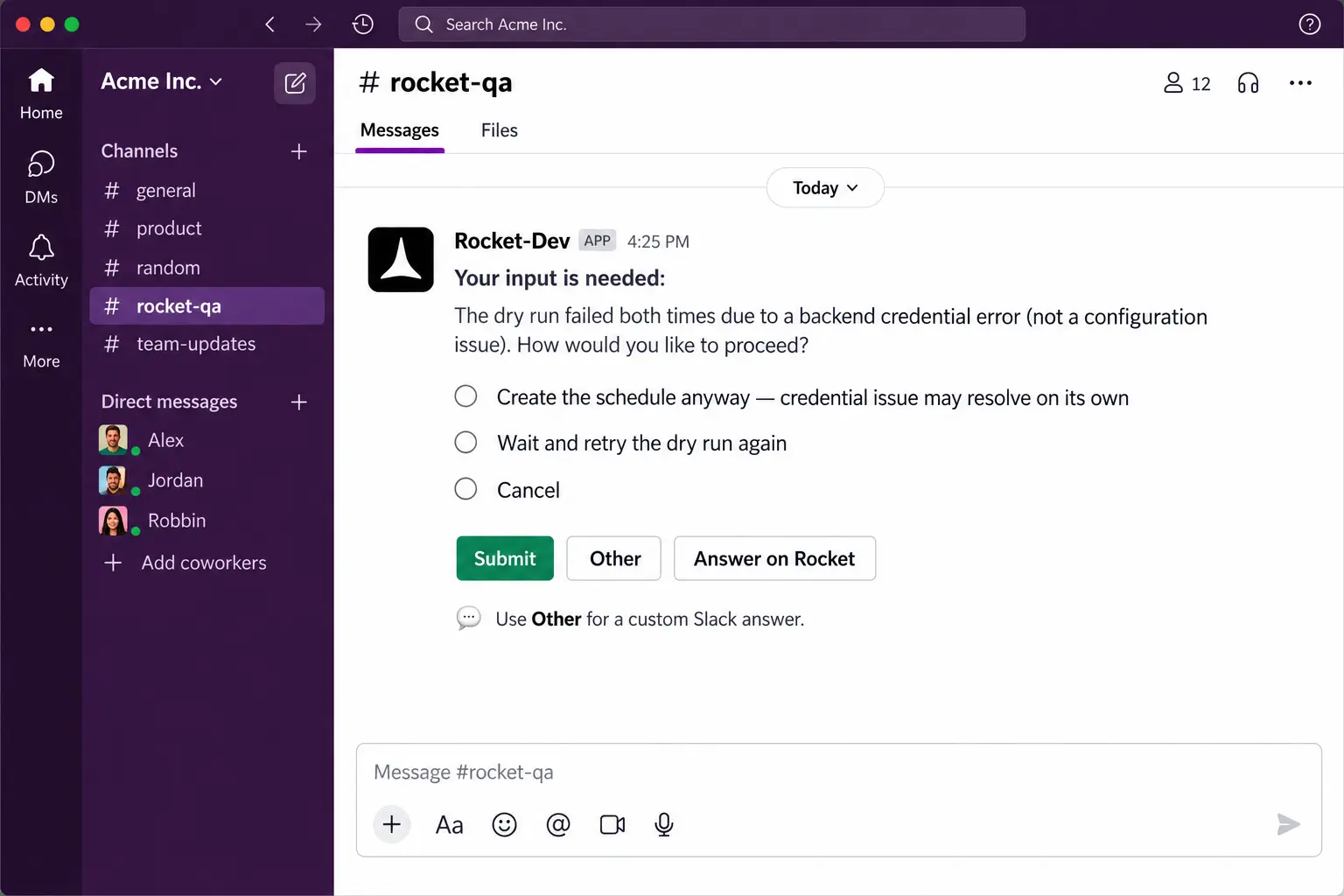 Responding to a Rocket input request from Slack